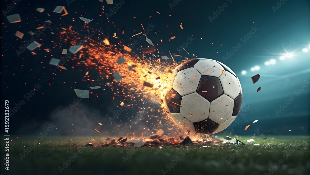 Fototapeta premium Football in Space with Fiery Trail for Dynamic Sports Action