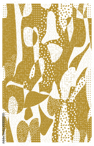 Abstract repeat print in gold and white pattern with dots, lines, and geometric shapes.