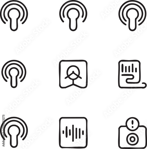 Podcast and live stream vector icon set hand drawn style online broadcasting,transmission,internet radio,audio,speaker,sound waves,data analysis,alert,video camera icon set