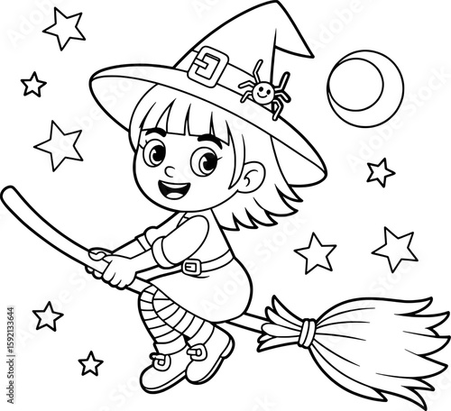 Happy cartoon witch flying on broomstick with spider and moon vector