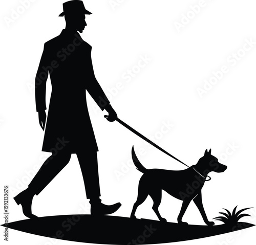 Silhouette of Man in Hat and Coat Walking a Dog