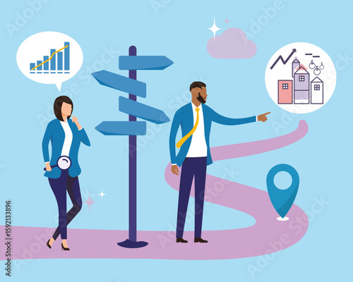 Property investment vector scene, Guide to business investment illustration, Looking for right path for financial growth infographic