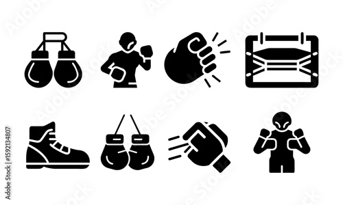 Icon set with boxing gloves, punches, fighting scenes, boots, and training tools. Represents martial arts and sports action.