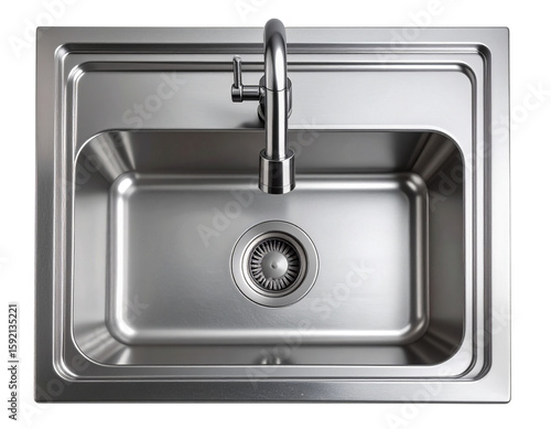  Top View of Modern Stainless Steel Kitchen Sink with High-Arch Faucet, Isolated PNG