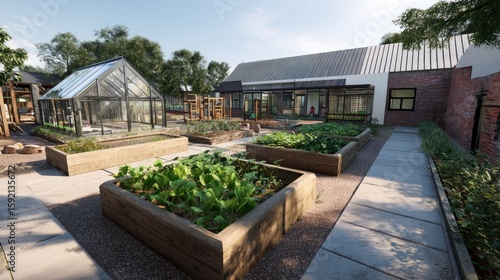 Sunny outdoor play area with garden beds