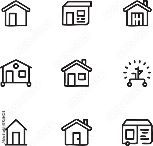 Tiny house vector icon set outline style,hand drawn home,small living,eco friendly,minimalist,house on wheels,cabin,tiny home,sustainable,modern design,simple,micro house,off grid,community icon set