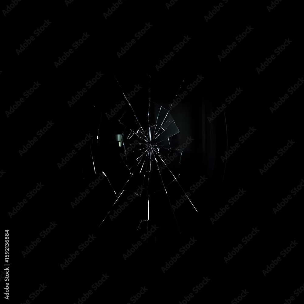 Obraz premium circular mirror shattered into countless sharp fragments, reflecting a distorted reality and hanging ominously on a muted blue wall