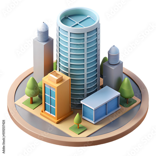 Modern isometric cityscape with diverse buildings and greenery isolated on transparent background