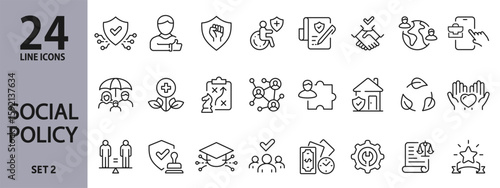 Set of Social Policy line icons with Government, Justice, Community, Equality, Benefit, Support, Strategy and others. Editable stroke