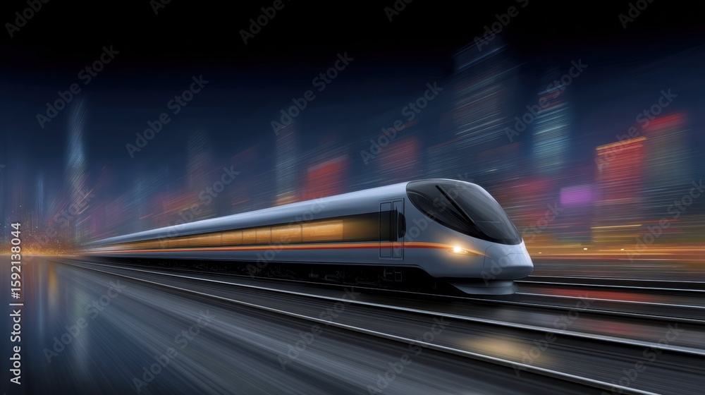 Obraz premium Futuristic High-Speed Train in Urban Nightscape Digital Art Technology Illuminated City Dynamic View