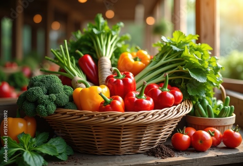 vibrant vegetable basket lush fresh produce colorful market display bountiful organic harvest greens roots, red, orange, yellow, herbs, presentation, food