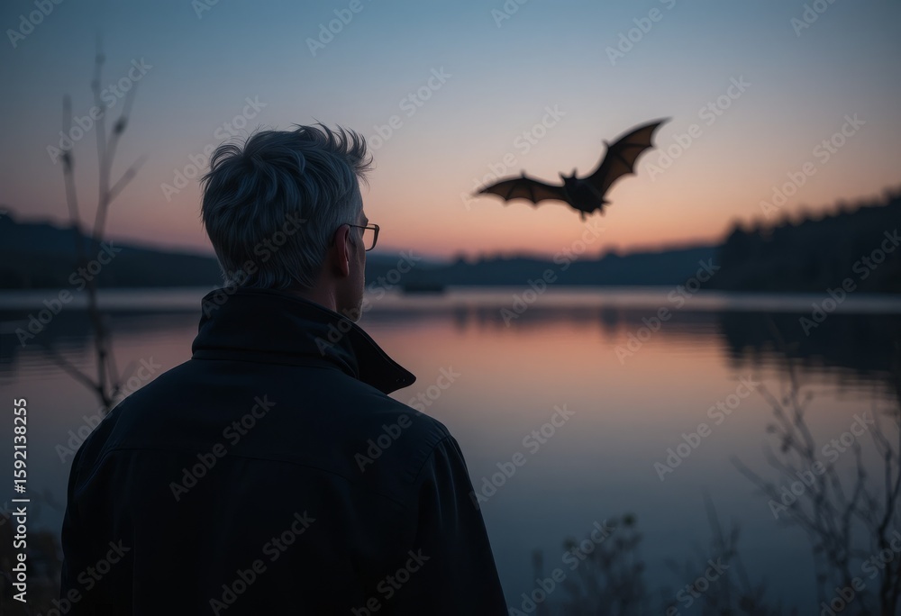 Fototapeta premium A man in a dark jacket watching a bat silhouette over a quiet lake at dusk with pastel skies Generative AI
