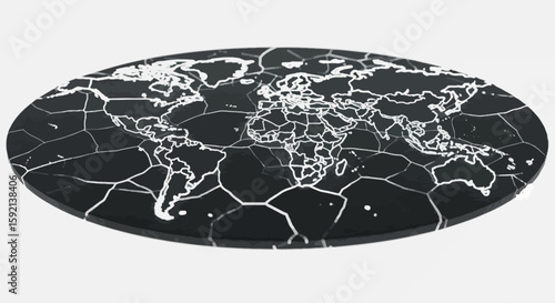 Global impact presented with a fractured world map concept in black and white on a flat surface, conveying a sense of fragility and worldwide challenges.
