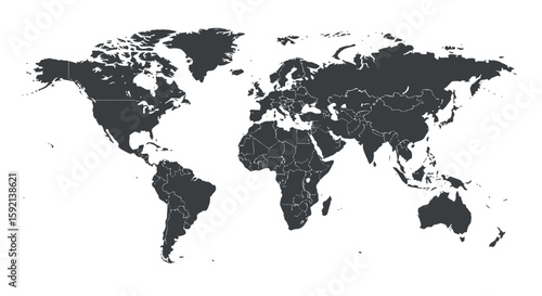 A detailed world map showcases all continents in a dark gray color with precise country borders set against a clean, transparent background.