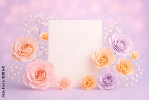 pink roses with blank card isolated on purple background