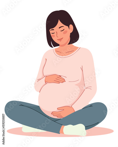 Pregnant Woman Touching Belly in Calm Moment of Anticipation and Joyful Expectation of Motherhood