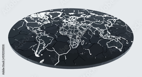 Conceptual world map design showcases continents on a cracked dark surface, symbolizing global issues and environmental concerns with cartography.