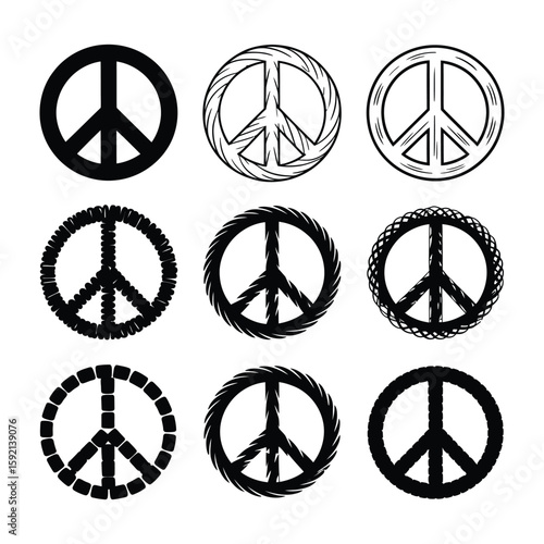 Collection of hand drawn peace symbols with textured circles