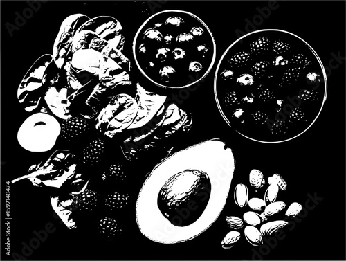 Healthy eating avocado blackberries and almonds a delicious food combination for a balanced diet plan vector