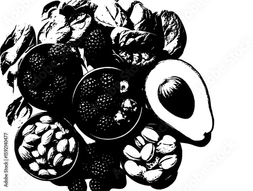 Healthy eating lifestyle with avocado spinach berries and nuts for balanced nutrition diet plan is great 100 vector