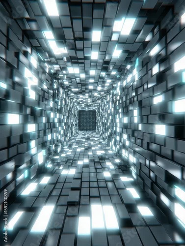 Futuristic tunnel glowing rectangular blocks and digital technology create dynamic immersive block corridor with glowing light