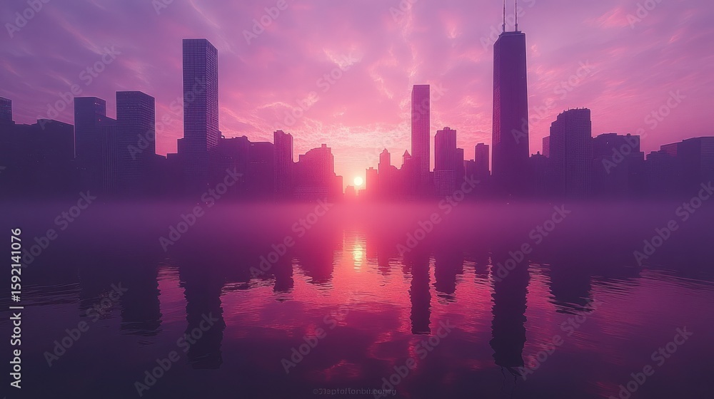 Obraz premium City skyline sunrise, hazy morning
