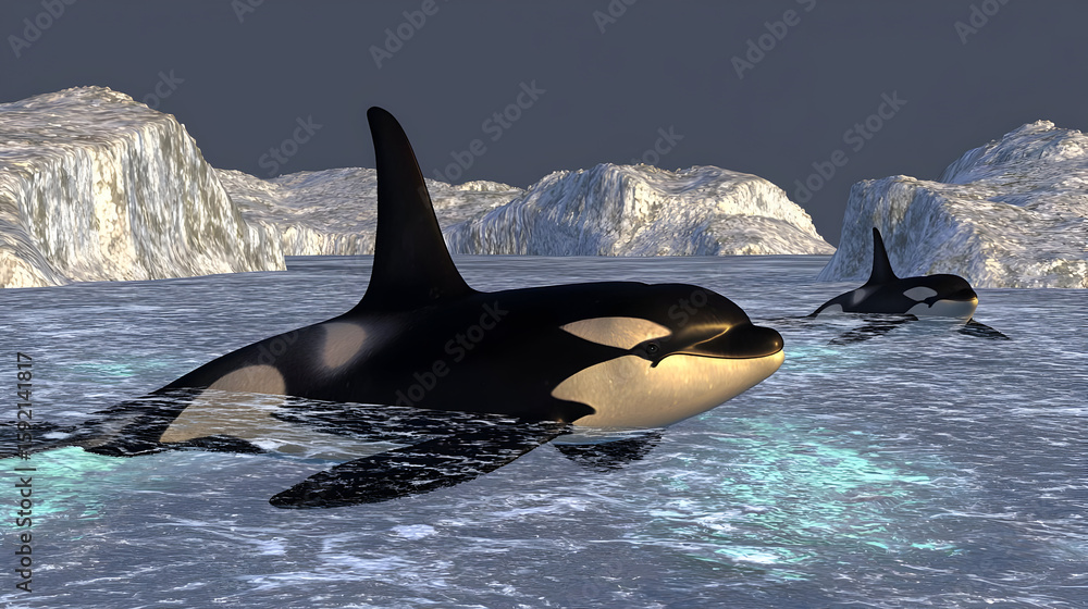 Fototapeta premium Two orcas swim in icy arctic waters. Icebergs are in the background