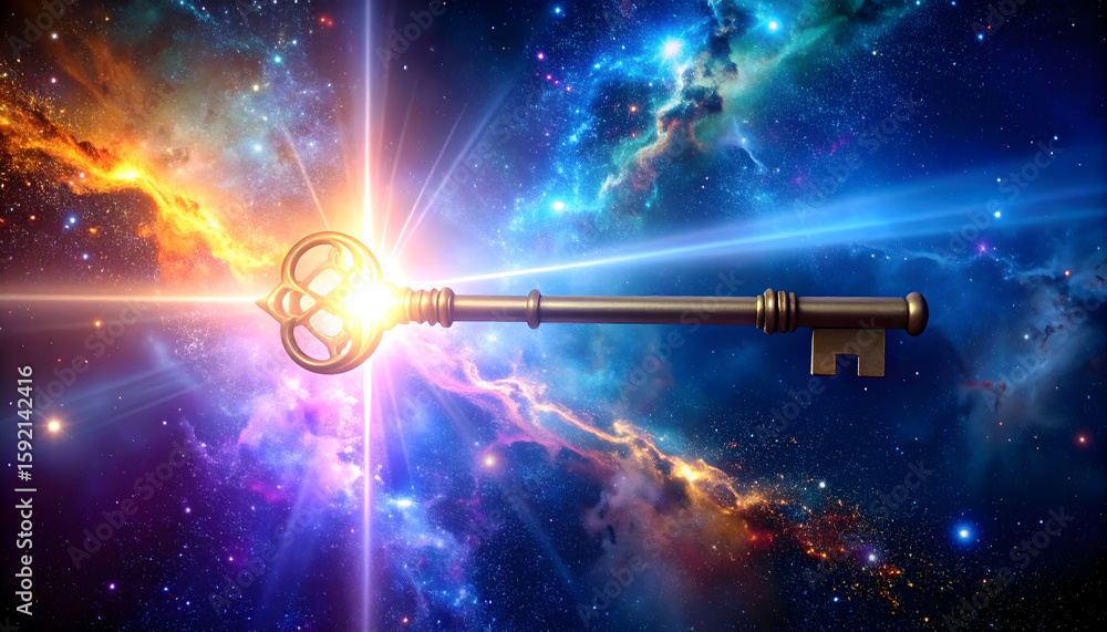 Fototapeta premium Glowing Golden Key in Cosmic Nebula