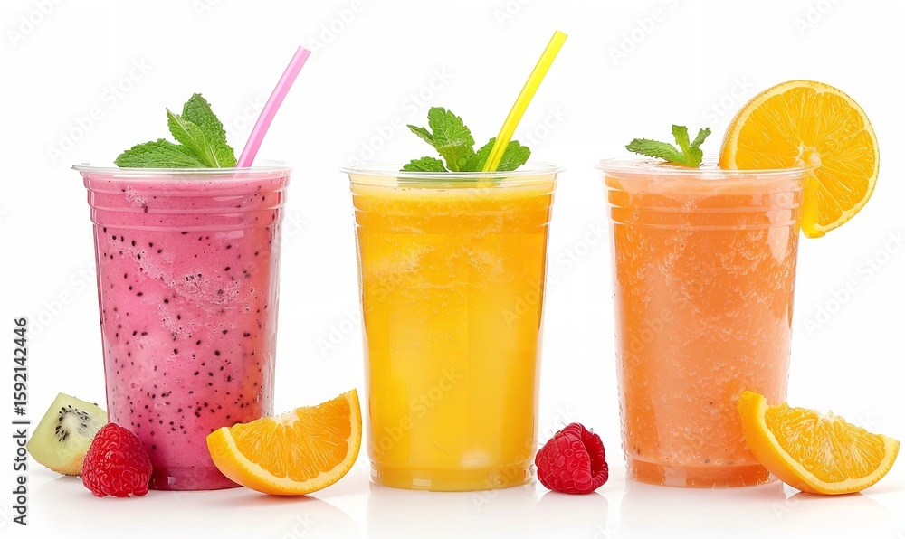 Fototapeta premium A cup with a set of fruit smoothies, orange juice, and straws, isolated on white, Generative AI.