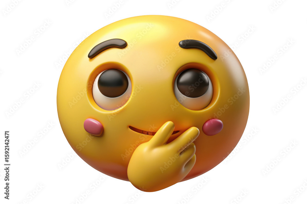 Fototapeta premium Thoughtful yellow emoji with hand on chin isolated on transparent background