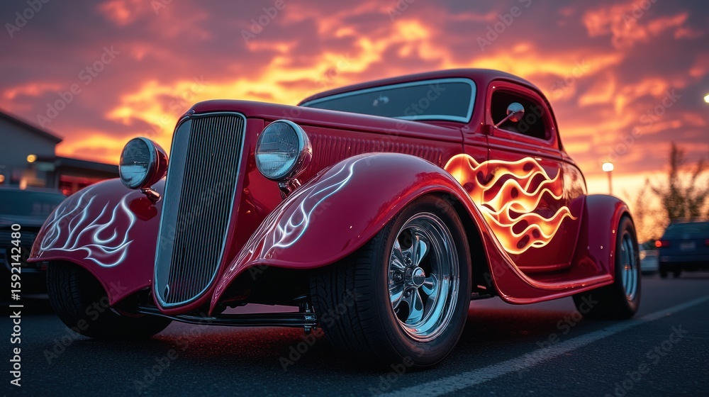Naklejka premium Classic red hot rod at sunset