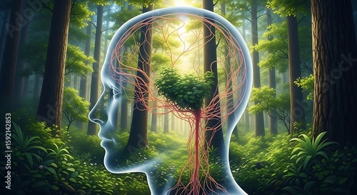 Glowing Brain Inside Transparent Human Head Against Forest Backdrop – Nature and Consciousness Concept