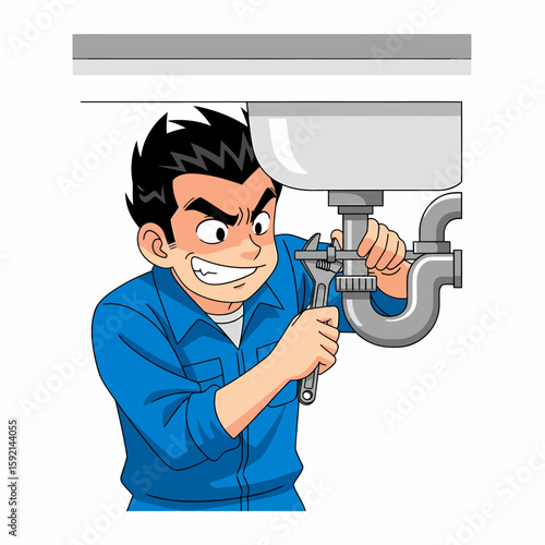 Determined Plumber Fixing Leaky Sink Pipes with Wrench