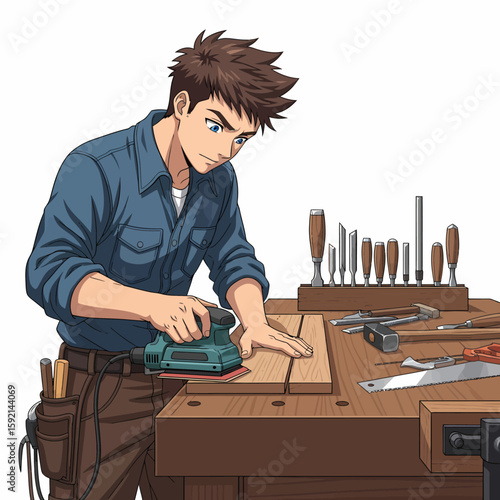 Skilled carpenter using an orbital sander to smooth wood on a workbench with tools