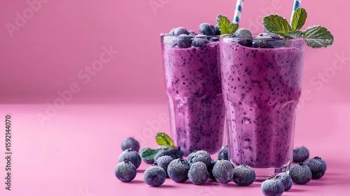 A pink background with two glasses of blueberry smoothie. using a blender to pour into a glass, Generative AI.