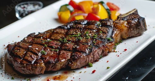 A solitary grilled steak on a white rectangle plate, Generative AI.