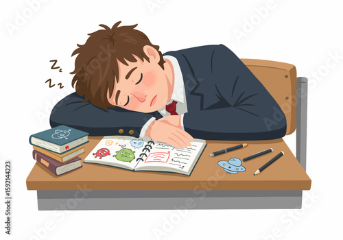 Young student falls asleep at school desk during lessons exhausted from studying