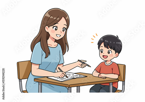 Teacher helping young student with schoolwork at a desk
