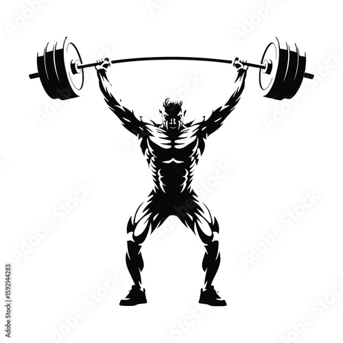 Muscular athlete lifting heavy barbell overhead in dramatic silhouette