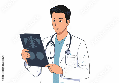 Professional male doctor examining chest X-ray scan in medical office