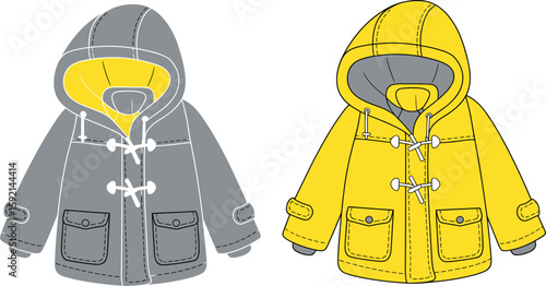 Stylish Kids' Duffle Coats in Yellow and Gray, Trendy Children's Outerwear for Autumn and Winter, Comfortable Hooded Jackets for Toddlers, Fashionable Kids' Apparel for Cold Weather.