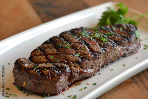 A solitary grilled steak on a white rectangle plate, Generative AI.
