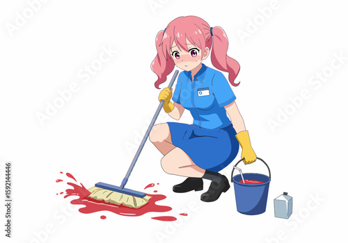 Anime Girl Cleaning Blood Spill with Mop Bucket and Gloves