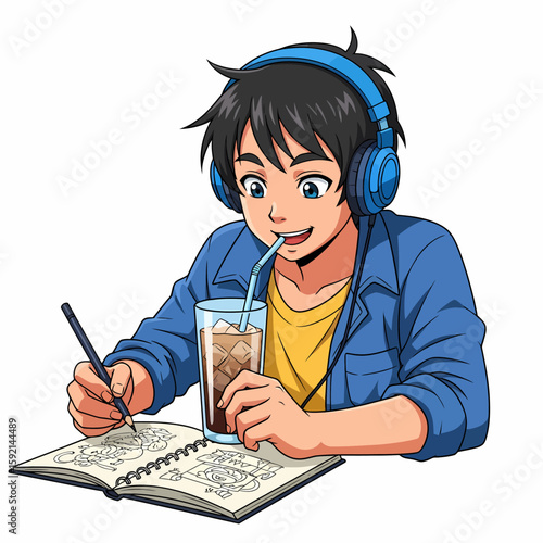 Young man with headphones drawing and drinking iced coffee while studying creative hobby