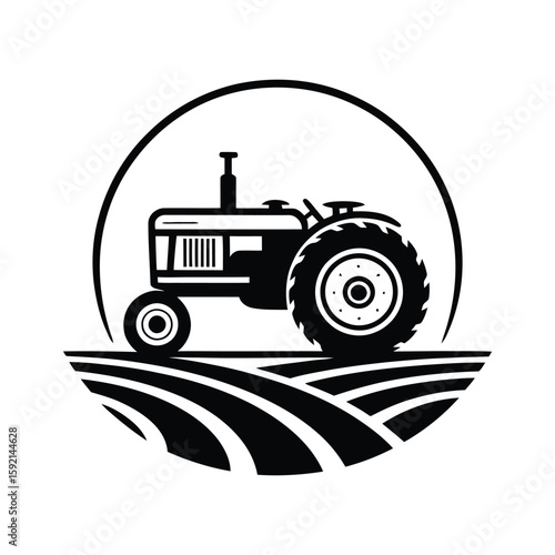 Classic tractor silhouette in a circular emblem over a field