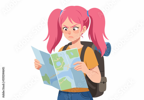 Confused tourist with map and backpack looking for direction