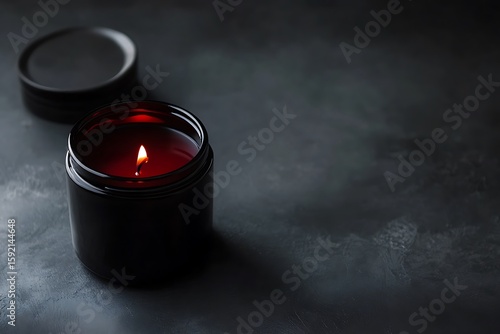 Dark ambiance a lit red candle in a glass jar on a textured surface