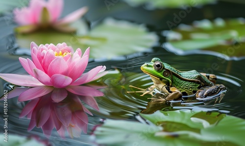 A tranquil pond image features a green frog perched on a lily pad amid water ripples and pink lotus blossoms, Generative AI.