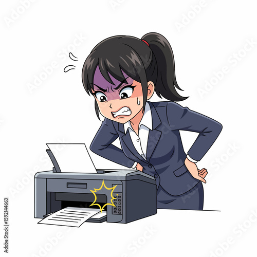 Frustrated businesswoman dealing with broken printer office stress and technology problems