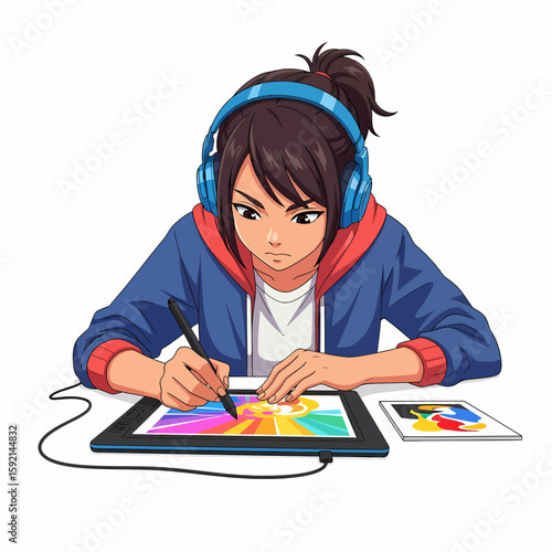 Young artist drawing colorful design on digital tablet with headphones